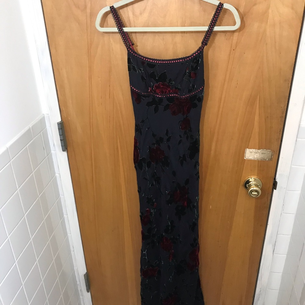 Vintage Betsey Johnson Silk Rose Burnout Velvet Black Midi Slip Dress Satin trm - Picture 2 of 10